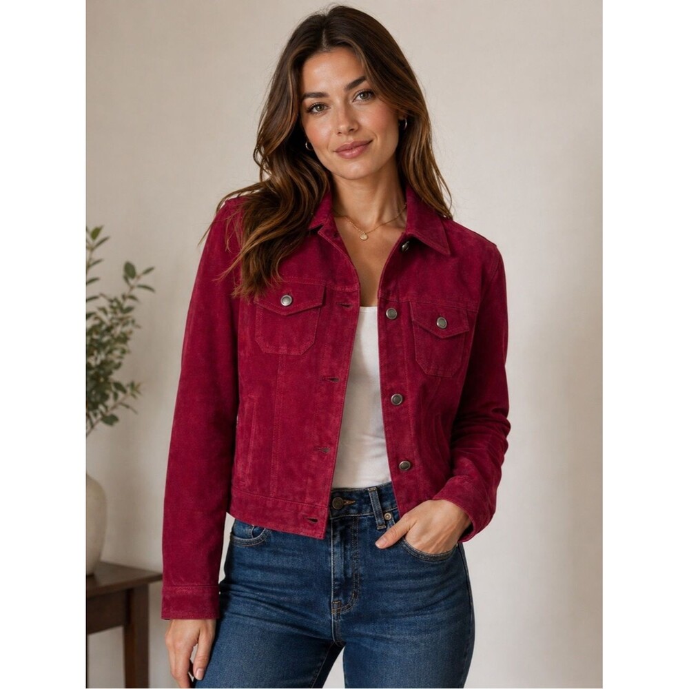 Charter Club Red Suede Leather Trucker Jacket Size Petite Small Vintage 90's Y2K